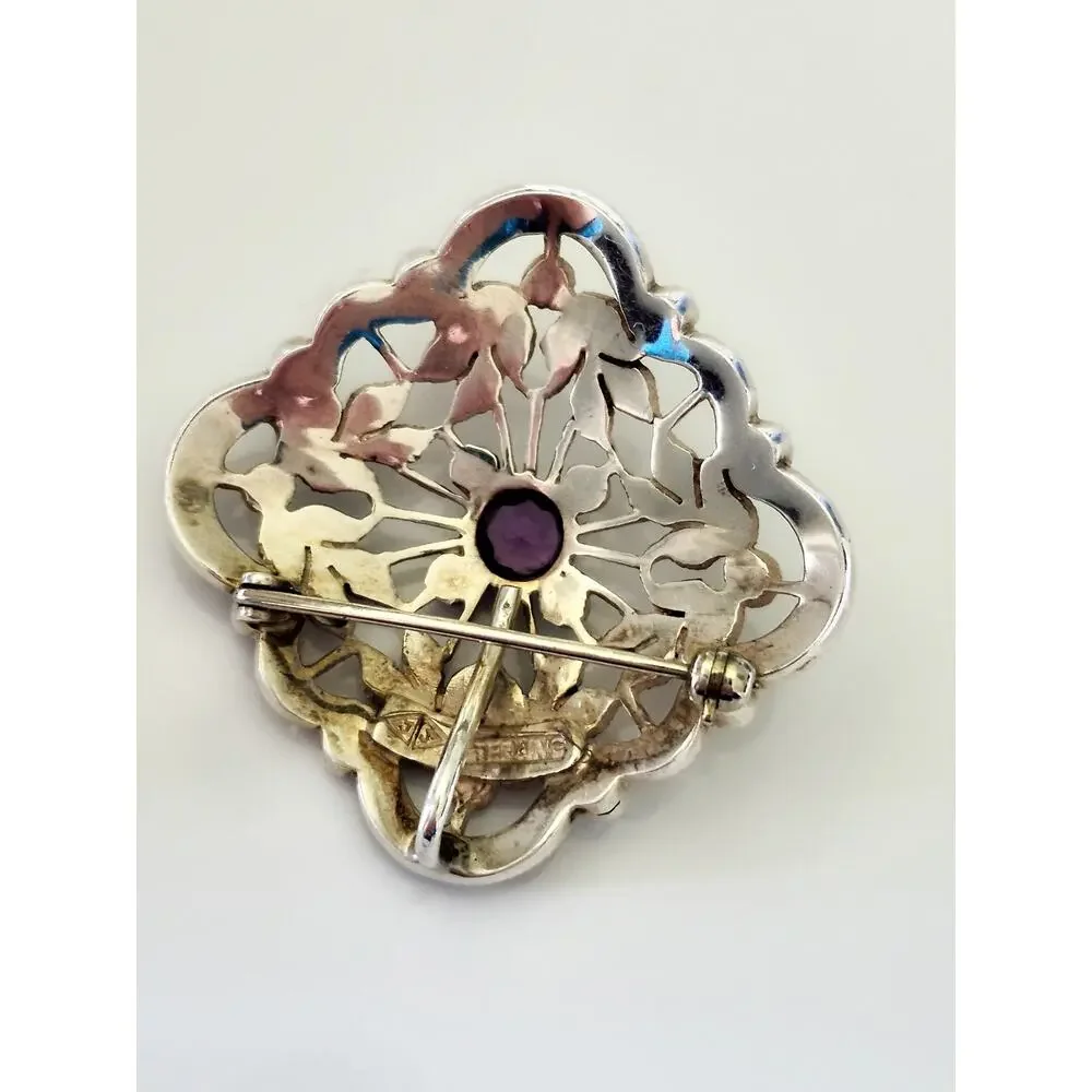 Vintage Judith Jack Sterling Silver Amethyst & Marcasite Brooch Pendant